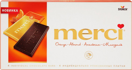 Конфеты к букетам Шоколад "Merci" горький с апельсином и миндалем. 100 гр