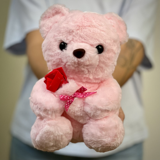 Мягкие игрушки Медвежонок с букетом розовый